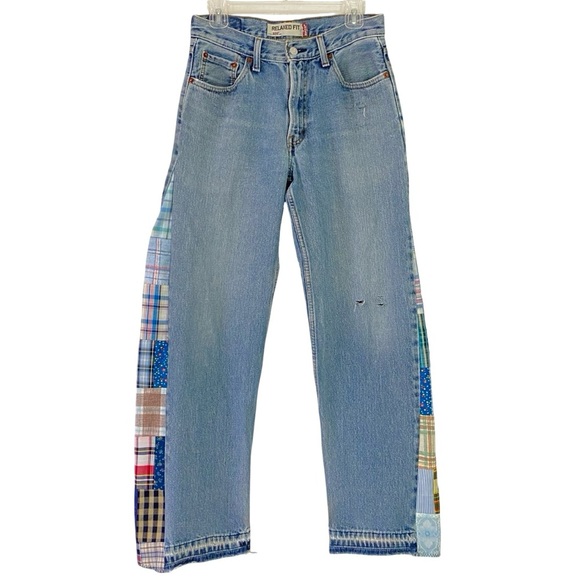 Levi’s 550 Custom Jeans Womens Size 6 Waist 28 Plaid Patchwork Levis Upcycled - Picture 1 of 16